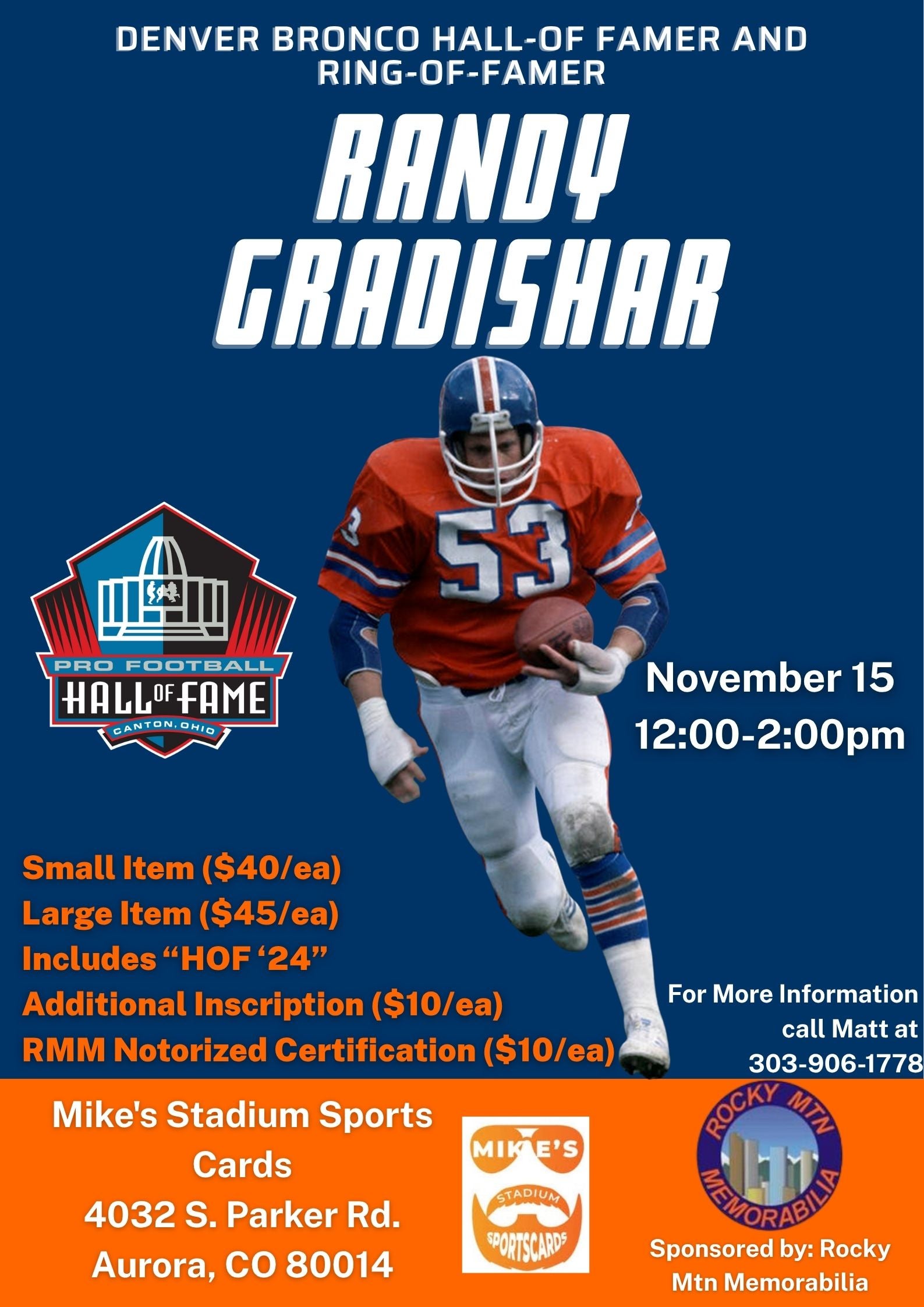 RANDY GRADISHAR Denver Broncos Hall Of Famer Autograph Signing | Rocky ...